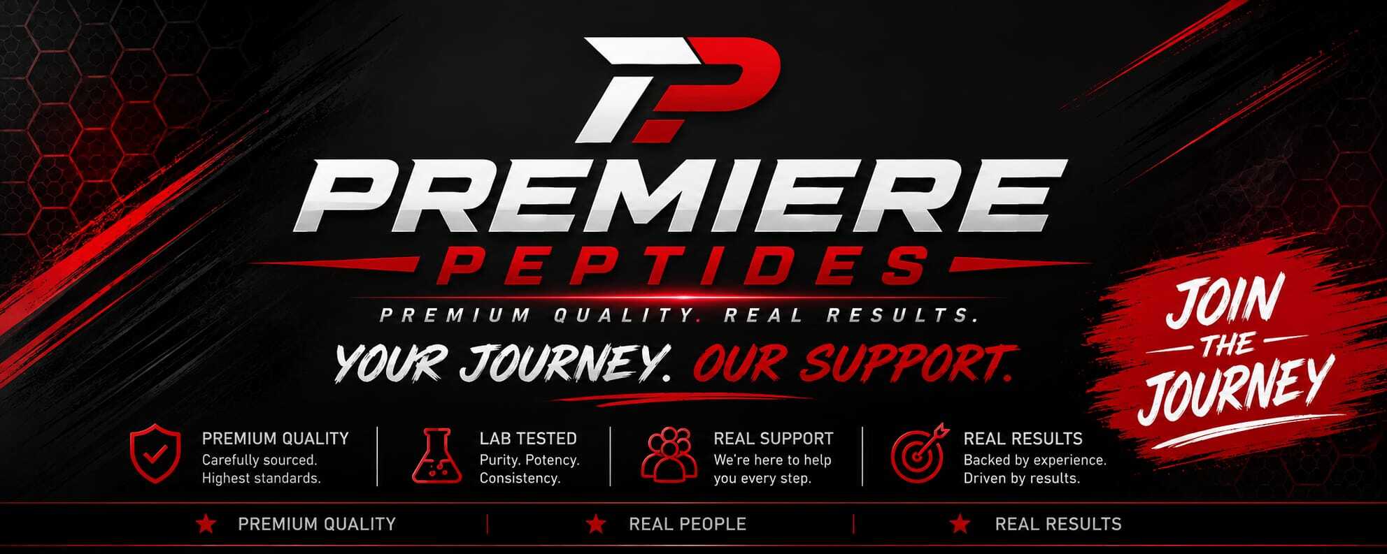 Premiere Peptides brand banner — premium quality, real results